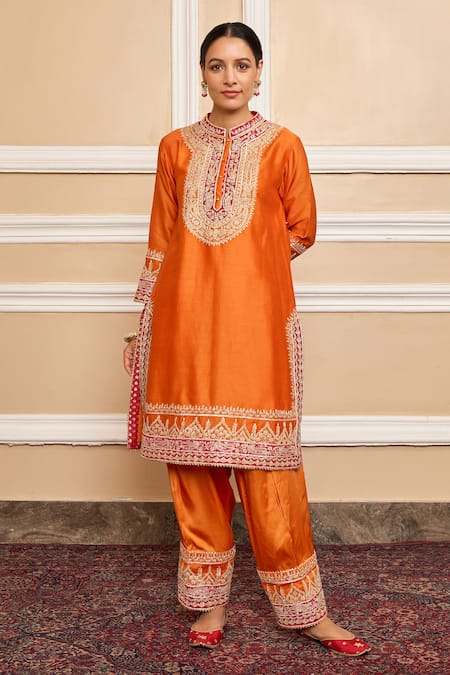 Sheetal Batra Orange Dupatta Organza, Kurta Pure Chanderi, Embroidered Set Online at Aza Fashions Sheetal Batra_Orange Dupatta Organza, Kurta Pure Chanderi, Embroidered Set_Online_at_Aza_Fashions