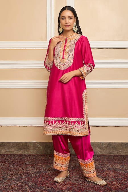 Sheetal Batra Pink Dupatta Organza, Kurta Pure Chanderi, Salwar Embroidered Set Online at Aza Fashions Sheetal Batra_Pink Dupatta Organza, Kurta Pure Chanderi, Salwar Embroidered Set _Online_at_Aza_Fashions
