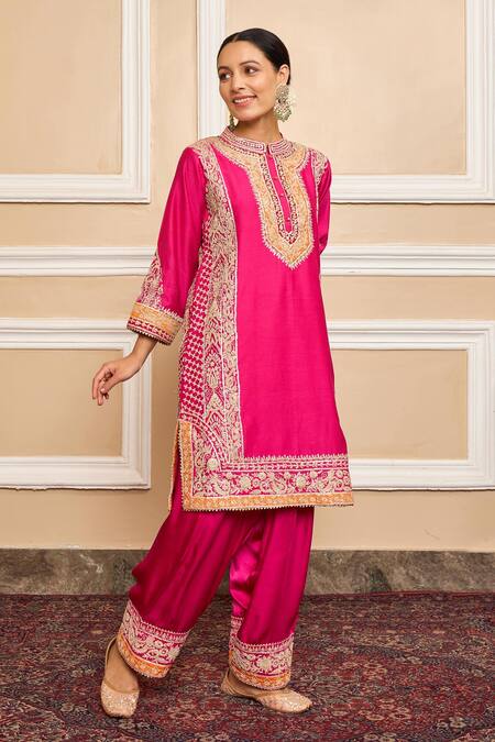 Buy Sheetal Batra Pink Dupatta Organza, Kurta Pure Chanderi, Embroidered A-line Set Online at Aza Fashions Buy_Sheetal Batra_Pink Dupatta Organza, Kurta Pure Chanderi, Embroidered A-line Set _Online_at_Aza_Fashions