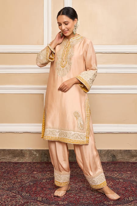 Buy_Sheetal Batra_Pink Dupatta  Organza, Kurta  Pure Chanderi, Embroidered A-line Set _Online_at_Aza_Fashions