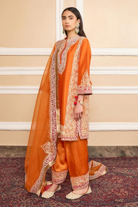 Buy_Sheetal Batra_Orange Dupatta  Organza, Kurta  Pure Embroidered A-line Set_Online_at_Aza_Fashions