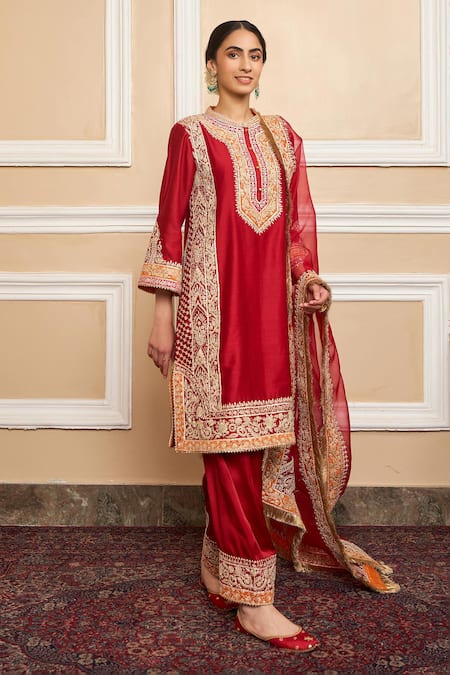 Buy_Sheetal Batra_Red Dupatta  Organza, Kurta  Pure Chanderi, Embroidered A-line Set _Online_at_Aza_Fashions