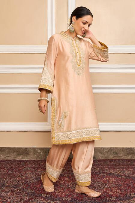 Shop_Sheetal Batra_Pink Dupatta  Organza, Kurta  Pure Chanderi, Embroidered A-line Set _Online_at_Aza_Fashions