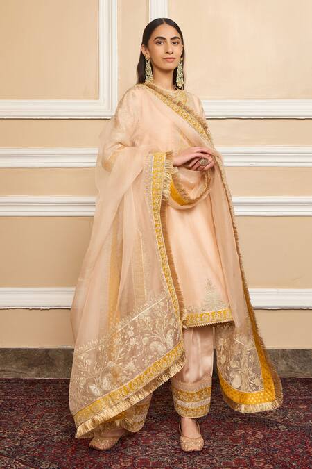 Shop_Sheetal Batra_Pink Dupatta  Organza, Kurta  Pure Chanderi, Salwar Embroidered Set_Online_at_Aza_Fashions