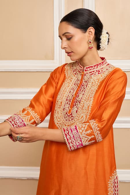 Shop Sheetal Batra Orange Dupatta Organza, Kurta Pure Chanderi, Embroidered Set Online at Aza Fashions Shop_Sheetal Batra_Orange Dupatta Organza, Kurta Pure Chanderi, Embroidered Set_Online_at_Aza_Fashions