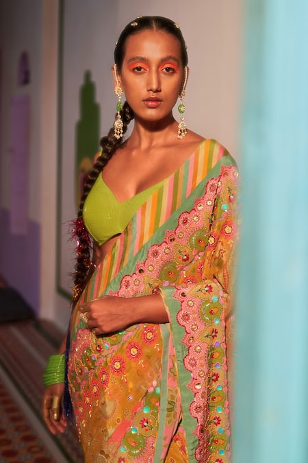 Siddhartha Bansal_Multi Color Crepe, Georgette Embroidery, Floral Print Saree With Work Blouse _at_Aza_Fashions