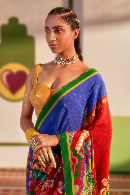 Shop_Siddhartha Bansal_Multi Color Pure Crepe Embroidered Paisley Printed Saree With Blouse  _Online_at_Aza_Fashions