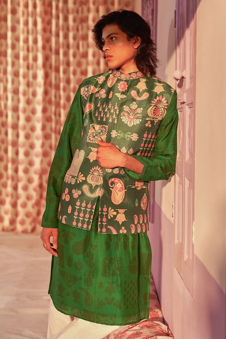 Buy_Siddhartha Bansal_Green Silk Embroidery Hamsa Print Bundi _Online_at_Aza_Fashions