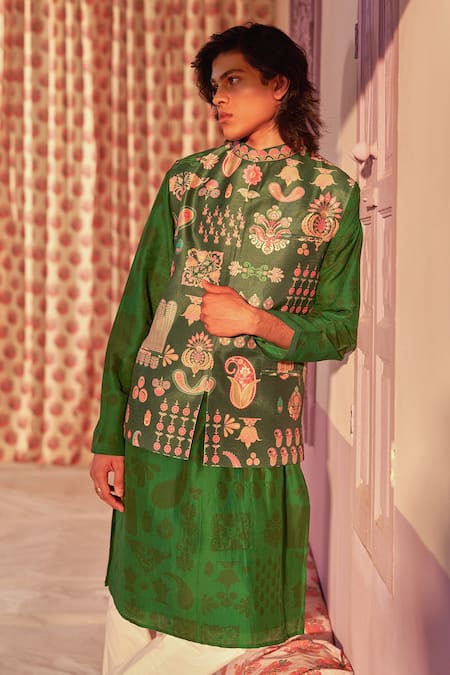 Shop_Siddhartha Bansal_Green Chanderi Printed Floral Paisley And Kurta Set  _Online_at_Aza_Fashions