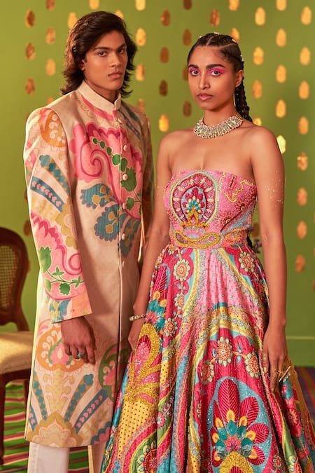 Siddhartha Bansal_Ivory Cotton, Suede Embroidery Sb Signature Royal Paisley Print Sherwani Set _Online_at_Aza_Fashions