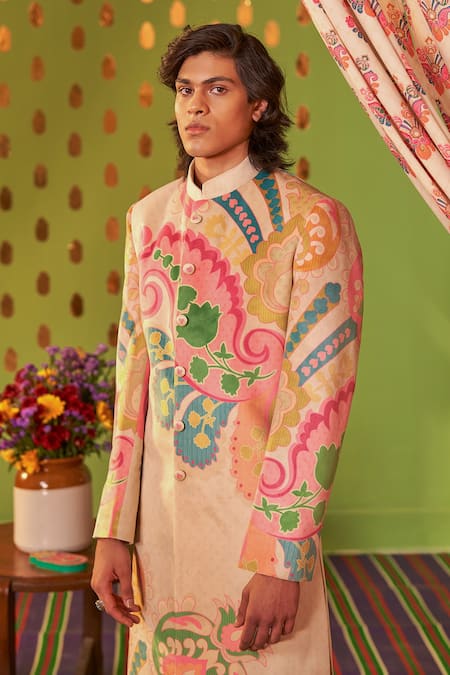 Buy_Siddhartha Bansal_Ivory Cotton, Suede Embroidery Sb Signature Royal Paisley Print Sherwani Set _Online_at_Aza_Fashions