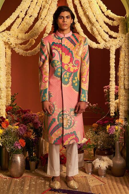 Buy_Siddhartha Bansal_Pink Cotton, Suede Embroidery Blush Royal Paisley Sherwani Set _Online_at_Aza_Fashions