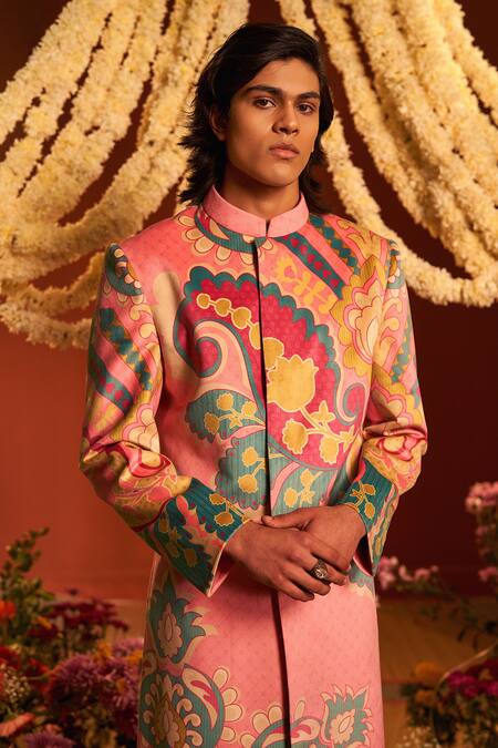 Shop_Siddhartha Bansal_Pink Cotton, Suede Embroidery Blush Royal Paisley Sherwani Set _Online_at_Aza_Fashions