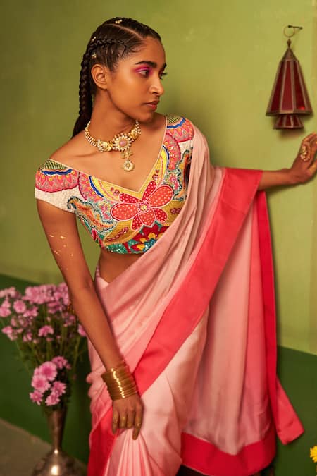 Shop_Siddhartha Bansal_Multi Color Pure Satin Embroidered Patchwork V Ombre Saree With Blouse  _Online_at_Aza_Fashions