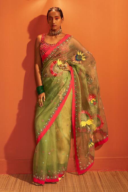 Siddhartha Bansal_Green Silk Organza Embroidered Floral Round Saree With Chevron Blouse  _at_Aza_Fashions