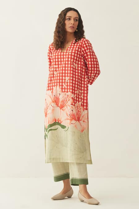 Buy Shivani Bhargava Red Gingham, Cotton V-neck Checks And Floral Print Kurta & Pant Set Online at Aza Fashions Buy_Shivani Bhargava_Red Gingham, Cotton V-neck Checks And Floral Print Kurta & Pant Set _Online_at_Aza_Fashions