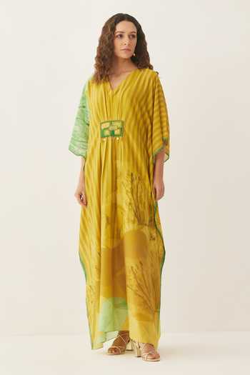 Shivani Bhargava Yellow Chanderi Embroidery V-neck Floral Print Kaftan Online at Aza Fashions Shivani Bhargava_Yellow Chanderi Embroidery V-neck Floral Print Kaftan _Online_at_Aza_Fashions