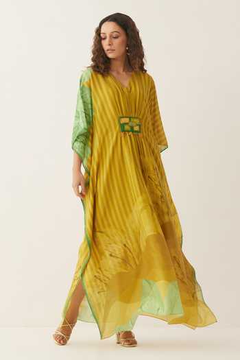 Buy Shivani Bhargava Yellow Chanderi Embroidery V-neck Floral Print Kaftan Online at Aza Fashions Buy_Shivani Bhargava_Yellow Chanderi Embroidery V-neck Floral Print Kaftan _Online_at_Aza_Fashions
