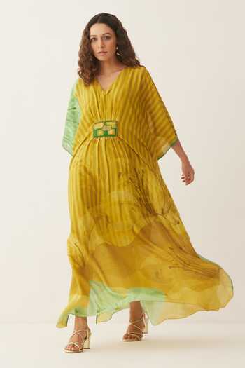 Shivani Bhargava Yellow Chanderi Embroidery V-neck Floral Print Kaftan at Aza Fashions Shivani Bhargava_Yellow Chanderi Embroidery V-neck Floral Print Kaftan _at_Aza_Fashions