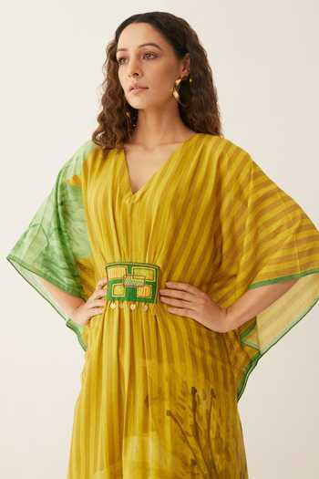 Shop Shivani Bhargava Yellow Chanderi Embroidery V-neck Floral Print Kaftan Online at Aza Fashions Shop_Shivani Bhargava_Yellow Chanderi Embroidery V-neck Floral Print Kaftan _Online_at_Aza_Fashions