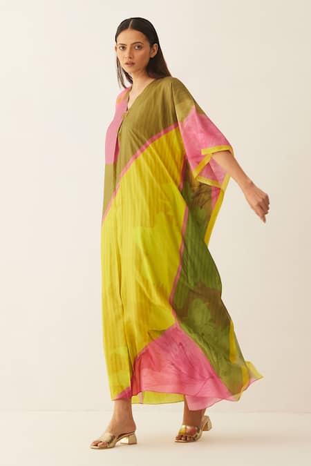 Shivani Bhargava Multi Color Silk Beads V-neck Abstract Grid Pattern Kaftan Online at Aza Fashions Shivani Bhargava_Multi Color Silk Beads V-neck Abstract Grid Pattern Kaftan _Online_at_Aza_Fashions