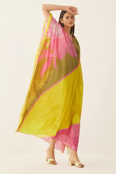 Buy Shivani Bhargava Multi Color Silk Beads V-neck Abstract Grid Pattern Kaftan Online at Aza Fashions Buy_Shivani Bhargava_Multi Color Silk Beads V-neck Abstract Grid Pattern Kaftan _Online_at_Aza_Fashions