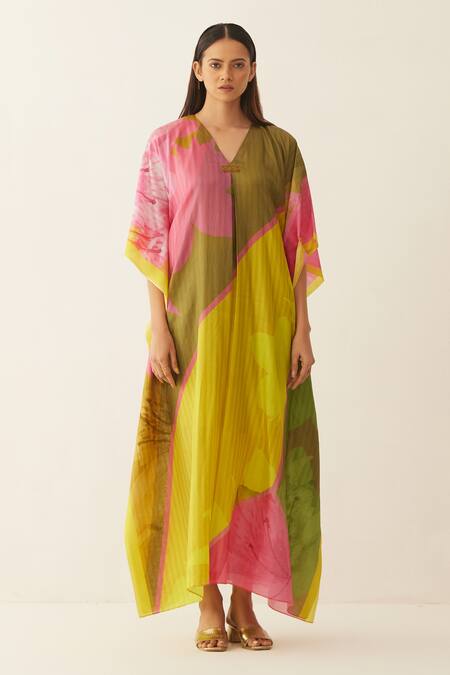 Shop Shivani Bhargava Multi Color Silk Beads V-neck Abstract Grid Pattern Kaftan Online at Aza Fashions Shop_Shivani Bhargava_Multi Color Silk Beads V-neck Abstract Grid Pattern Kaftan _Online_at_Aza_Fashions