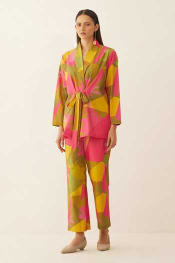 Shivani Bhargava_Multi Color Gingham, Cotton Shawl Neck Grid Print Short Jacket And Pant Set _Online_at_Aza_Fashions