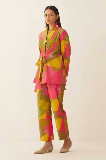 Buy_Shivani Bhargava_Multi Color Gingham, Cotton Shawl Neck Grid Print Short Jacket And Pant Set _Online_at_Aza_Fashions