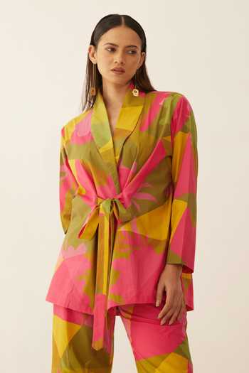 Shop_Shivani Bhargava_Multi Color Gingham, Cotton Shawl Neck Grid Print Short Jacket And Pant Set _Online_at_Aza_Fashions