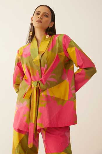 Shivani Bhargava_Multi Color Gingham, Cotton Shawl Neck Grid Print Short Jacket And Pant Set _at_Aza_Fashions