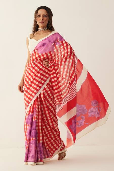 Red art silk checked saree with zari waeves and heavy pallu - Rangpur -  2836079