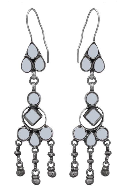 Sangeeta Boochra_Silver Plated Mirrors, Tassels Shiza Embellished Earrings _Online_at_Aza_Fashions