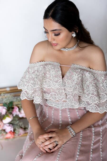 Sunita Bhandari_Pink Viscose, Organza Sequins, Cut Work Off-shoulder Lehenga And Ruffle Blouse Set _Online_at_Aza_Fashions