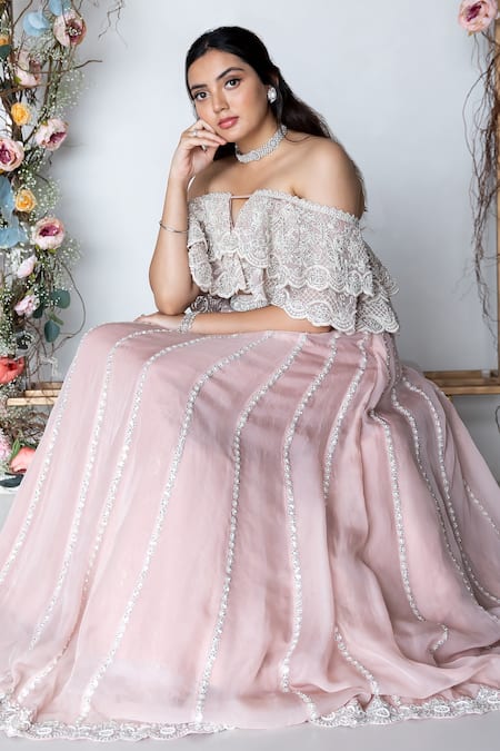 Buy_Sunita Bhandari_Pink Viscose, Organza Sequins, Cut Work Off-shoulder Lehenga And Ruffle Blouse Set _Online_at_Aza_Fashions