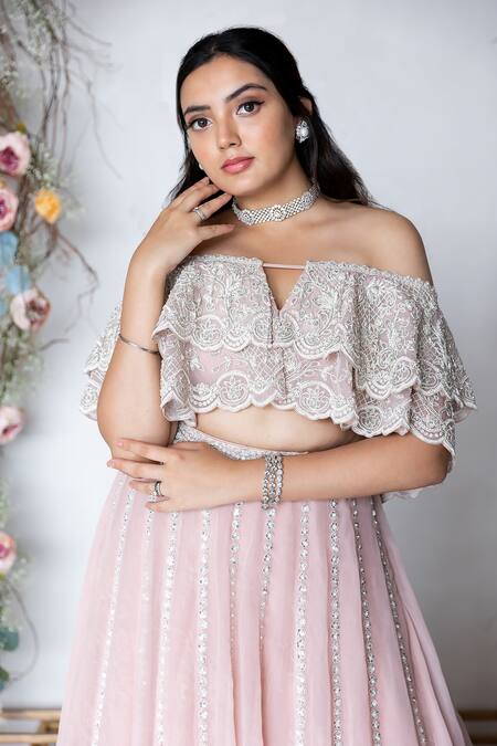 Shop_Sunita Bhandari_Pink Viscose, Organza Sequins, Cut Work Off-shoulder Lehenga And Ruffle Blouse Set _Online_at_Aza_Fashions
