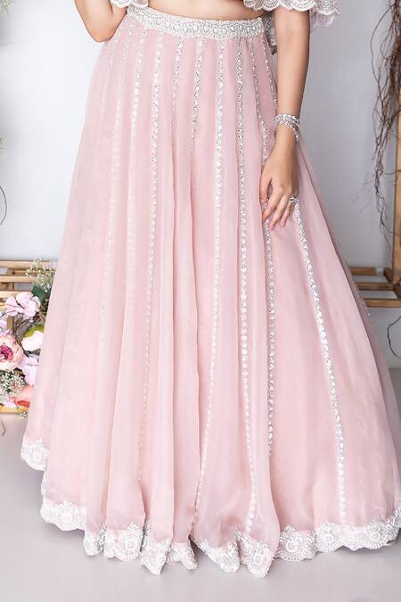 Sunita Bhandari_Pink Viscose, Organza Sequins, Cut Work Off-shoulder Lehenga And Ruffle Blouse Set _at_Aza_Fashions