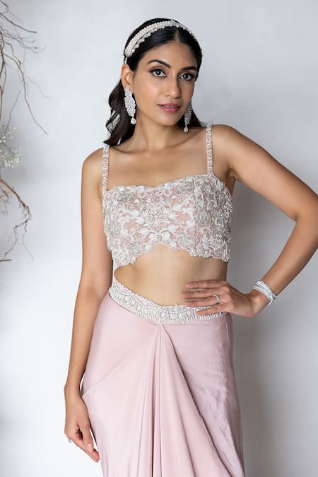 Buy_Sunita Bhandari_Pink Net, Viscose Embroidery, Sequins, Pearls Blouse And Draped Skirt Set _Online_at_Aza_Fashions