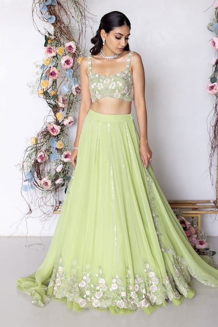 Shop_Sunita Bhandari_Green Organza, Viscose Sequins, Cut Work, Embroidery Floral Lehenga Set _Online_at_Aza_Fashions