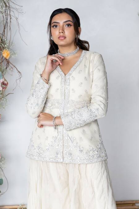 Buy_Sunita Bhandari_Ivory Viscose, Organza Beads, Sequins, Cut Work, Dana Kurta And Sharara Set _Online_at_Aza_Fashions