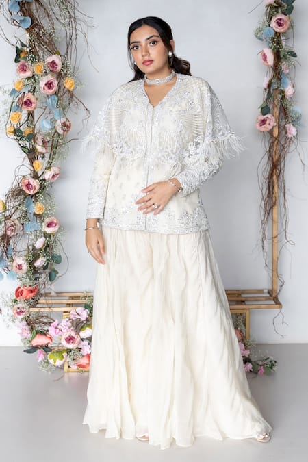 Shop_Sunita Bhandari_Ivory Viscose, Organza Beads, Sequins, Cut Work, Dana Kurta And Sharara Set _Online_at_Aza_Fashions