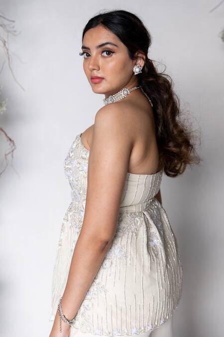 Buy_Sunita Bhandari_Ivory Viscose, Organza Cut Work, Embroidery, Sequins Peplum Top And Sharara Set _Online_at_Aza_Fashions