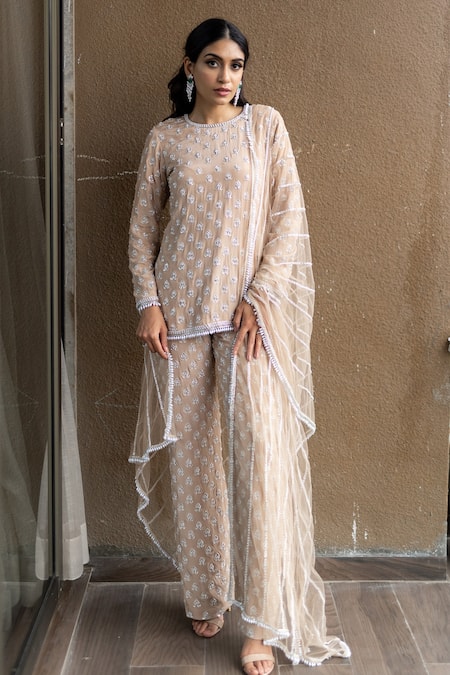 Sunita Bhandari_Beige Net, Viscose Pearls, Embroidery Round Neck Hand Kurta Sharara Set _at_Aza_Fashions