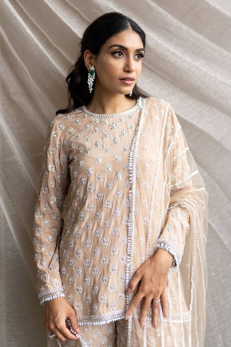 Buy_Sunita Bhandari_Beige Net, Viscose Pearls, Embroidery Round Neck Hand Kurta Sharara Set _Online_at_Aza_Fashions