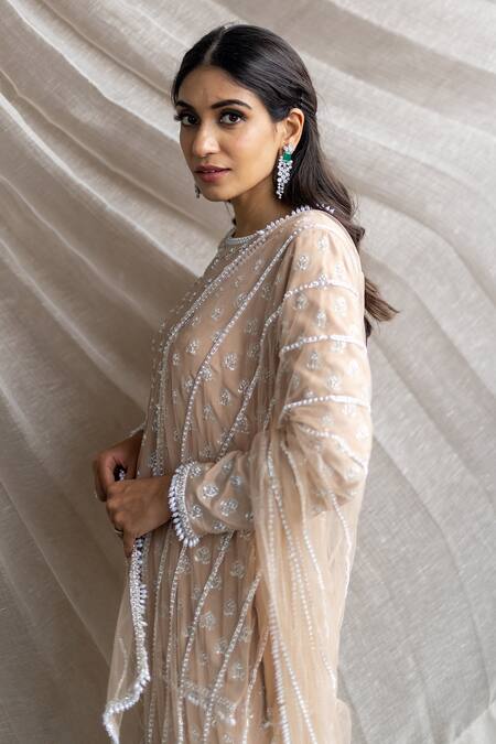 Shop_Sunita Bhandari_Beige Net, Viscose Pearls, Embroidery Round Neck Hand Kurta Sharara Set _Online_at_Aza_Fashions