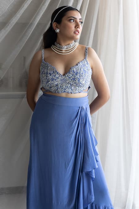 Sunita Bhandari_Blue Viscose Cut Work, Sequins, Pearls, Ruffles Embroidered Blouse And Skirt Set _Online_at_Aza_Fashions