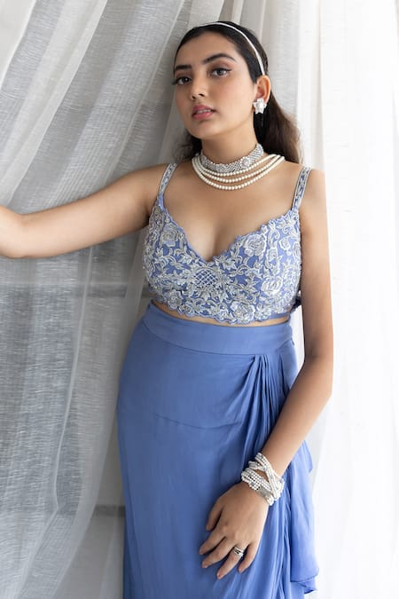 Shop_Sunita Bhandari_Blue Viscose Cut Work, Sequins, Pearls, Ruffles Embroidered Blouse And Skirt Set _Online_at_Aza_Fashions