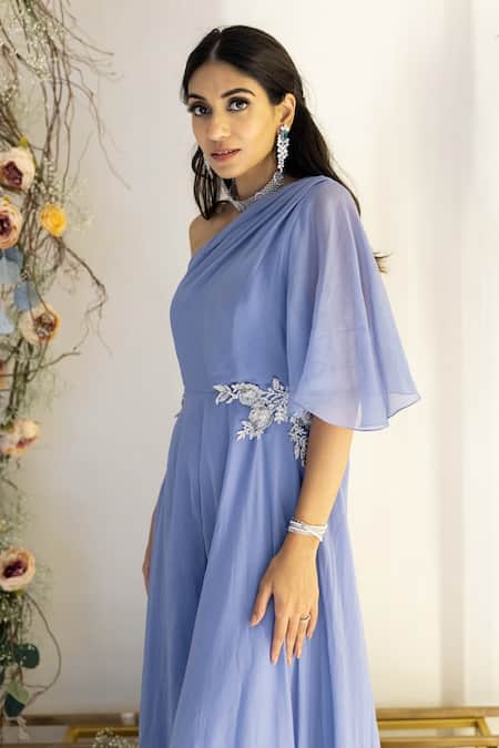 Sunita Bhandari_Blue Viscose, Organza Pearls, Cut Work One Placement Embroidered Flared Jumpsuit _Online_at_Aza_Fashions