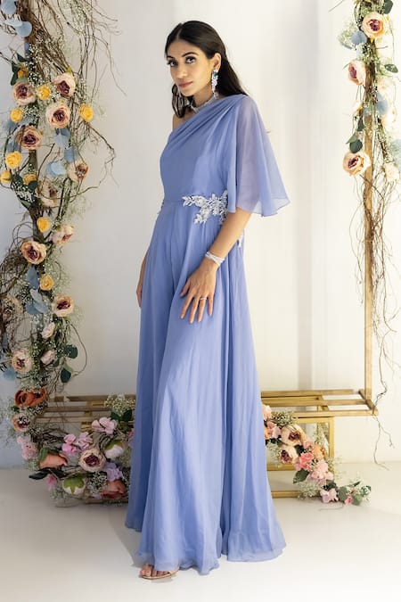 Buy_Sunita Bhandari_Blue Viscose, Organza Pearls, Cut Work One Placement Embroidered Flared Jumpsuit _Online_at_Aza_Fashions