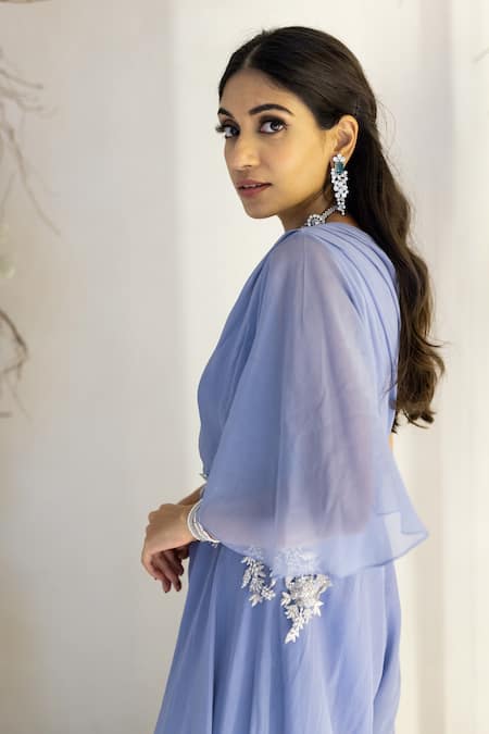 Sunita Bhandari_Blue Viscose, Organza Pearls, Cut Work One Placement Embroidered Flared Jumpsuit _at_Aza_Fashions